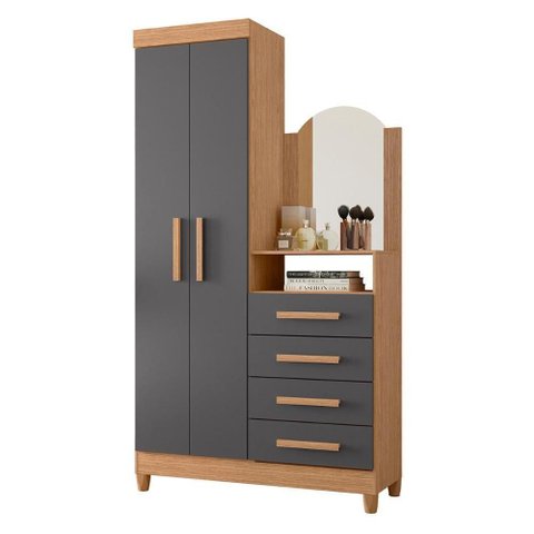 Guarda Roupa Cômoda Capri 2 Portas 4 Gavetas e Espelho Freijo/chumbo