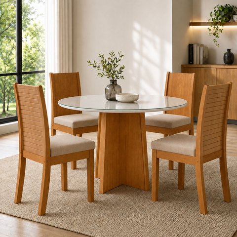 Conjunto Sala de Jantar 4 Lugares Redonda Tampo Vidro/MDF Mesa Celebrare e Cadeiras Athenas Marrom Amêndoa Clean/Off White/Linho Rinzai Bege