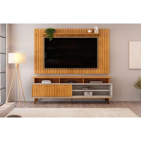 Estante P/ Sala até 65 Pol Lume/flow Ripado C/ Porta e Nichos 180x168cm Cedro/bali - Dj Móveis