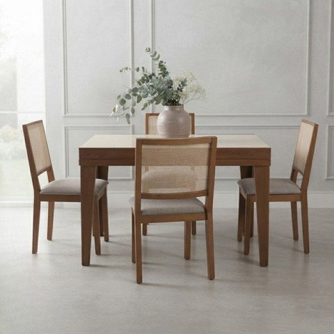Conjunto Sala de Jantar Mesa Extensível + 4 Cadeiras em Madeira Maciça Tela Lisa Mel