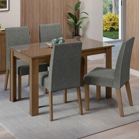 Conjunto Sala de Jantar Mesa Tampo de Vidro 4 Cadeiras Rustic/silver Antônia Madesa