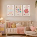 Ver imagem 1 de Kit Quadros Infantil com Nome - Flores:30x45/Moldura Branca Vidro Acrílico