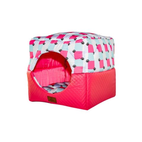Cama para Cachorro Toca Quadrada em Corino + Poliéster Rosa e Lilás Grande (g) 50 X 50 X 50 Cm