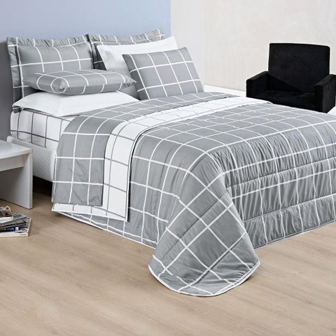Kit Cobre Leito Minimalista Queen 03 Peças Micropercal 200 Fios - Cinza com Branco