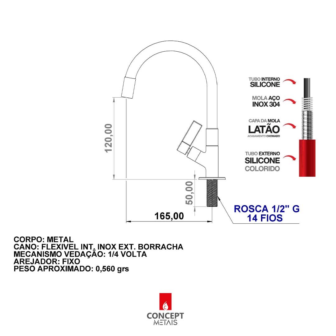 Torneira Luxo Bancada Flexível 01968 1/4 de Volta Concept Metais 01968 Black - 5