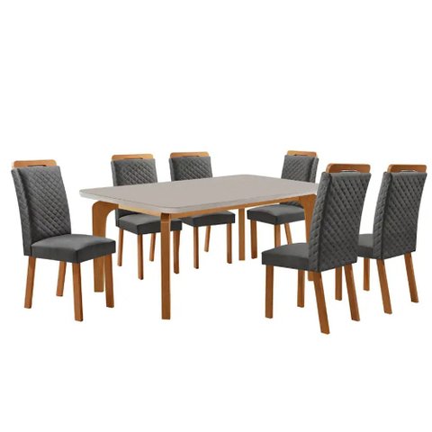 Mesa de Jantar Liz 180cm Tampo MDF Vidro Canto Copo com 6 Cadeiras Lorena Moderna Mobília