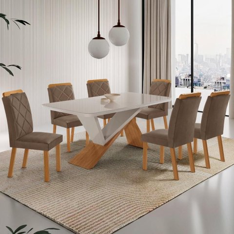 Conjunto Mesa de Jantar 180cm com 6 Cadeiras Estofadas Multimóveis Crrft-CON039 Madeirado/Off White