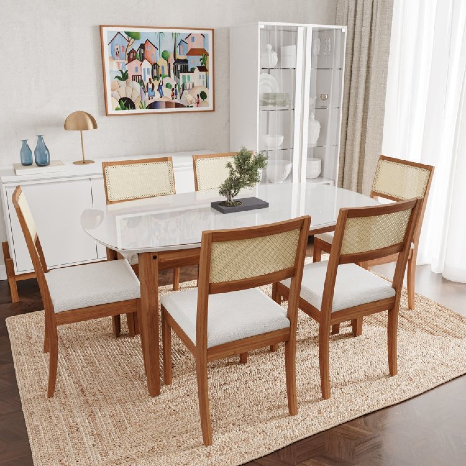 Conjunto Mesa com Vidro Pés Madeira Maciça 6 Cadeiras Madeira