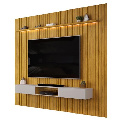 Painel Trento para TV com Bancada 275 Ripado Cedro Bali com LED DJ Móveis