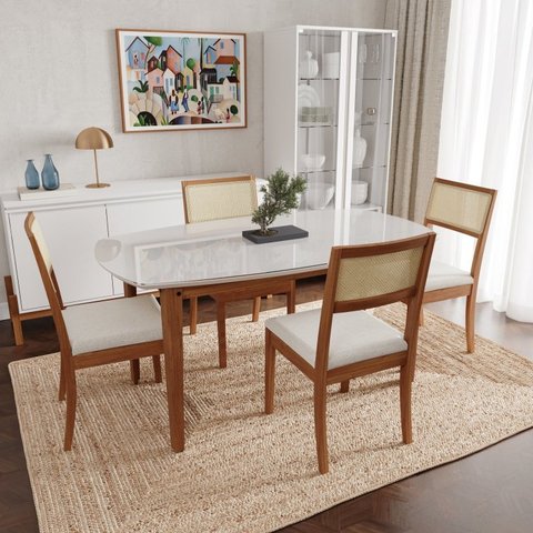 Conjunto Mesa de Jantar Tampo Vidro e MDF 1,60m e 4 Cadeiras Tiê CabeCasa MadeiraOriginals