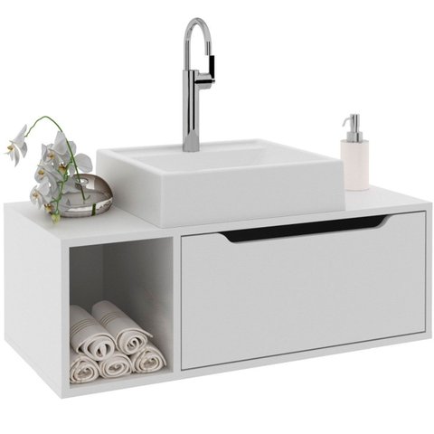 Gabinete de Banheiro 80 Cm com Cuba 1 Porta e Nicho Branco