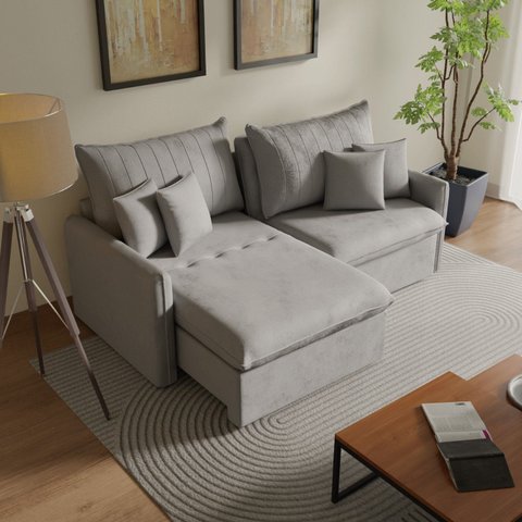 Sofá Cama Casal Retrátil e Reclinável 4 Lugares Veludo Cinza Colibri 220cm CabeCasa MadeiraOriginals