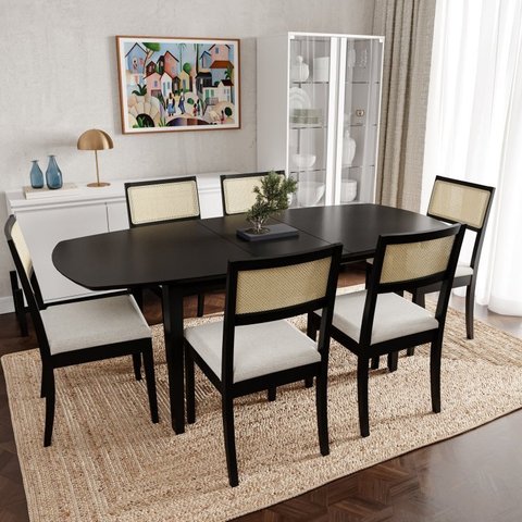 Conjunto Mesa Extensível Oval 6 Cadeira Madeira Maciça Encosto Telado Tiê CabeCasa MadeiraOriginals