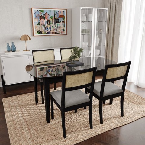 Conjunto Mesa de Jantar Tampo Vidro e MDF 1,60m e 4 Cadeiras Tiê CabeCasa MadeiraOriginals Preto