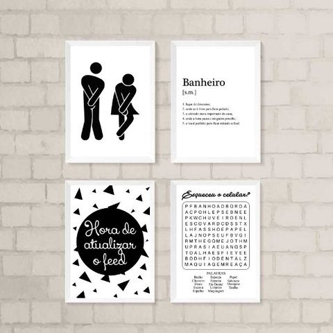 Kit 4 Quadros Divertidos para Banheiro 24x18cm - com Vidro:madeira Branca