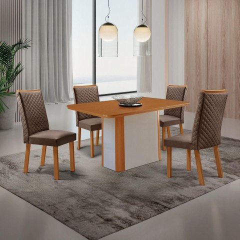 Mesa de Jantar Isadora 4 Lugares Tampo MDF com Vidro Serigrafado e Cadeiras Aline em Veludo Marrom