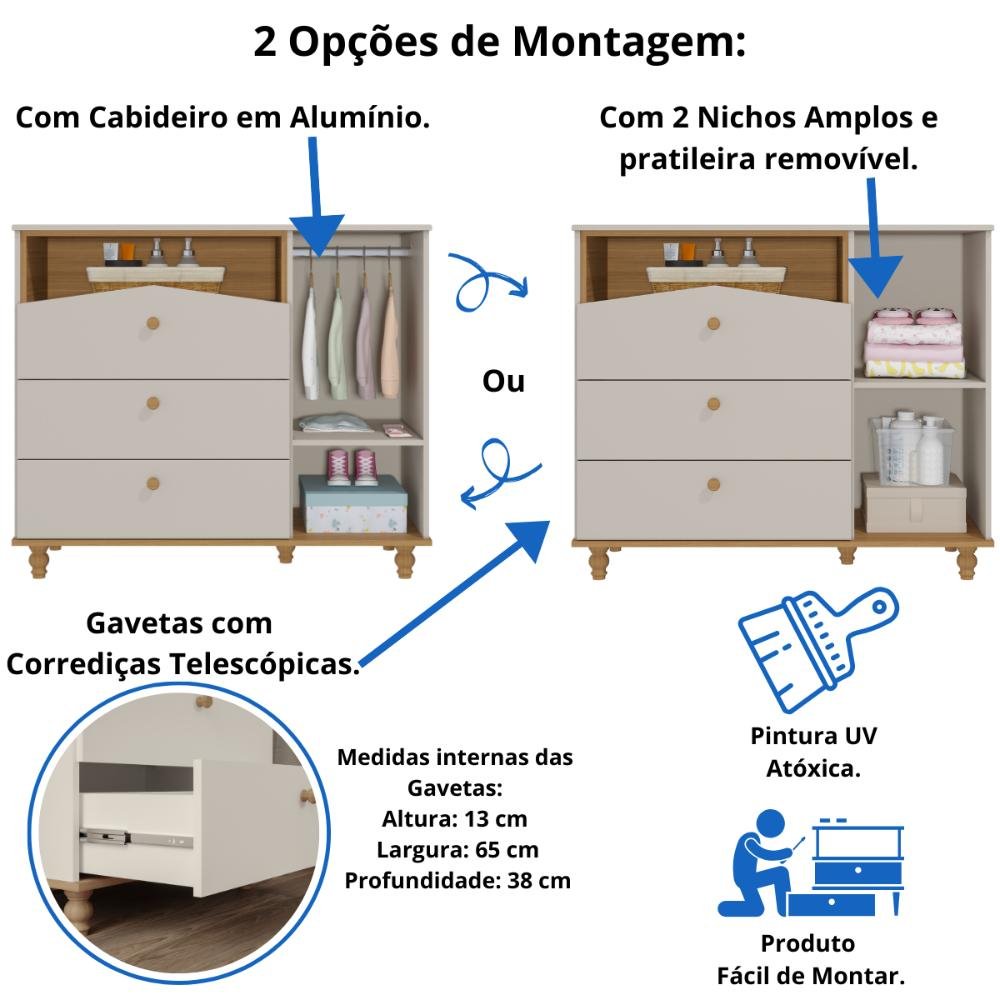 Quarto Bebê Completo Berço Americano 3 em 1 Guarda-roupas 4 Portas Cômoda 1 Porta 100% Mdf - 6