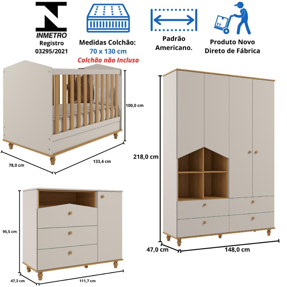 Quarto Bebê Completo Berço Americano 3 em 1 Guarda-roupas 4 Portas Cômoda 1 Porta 100% Mdf - 10