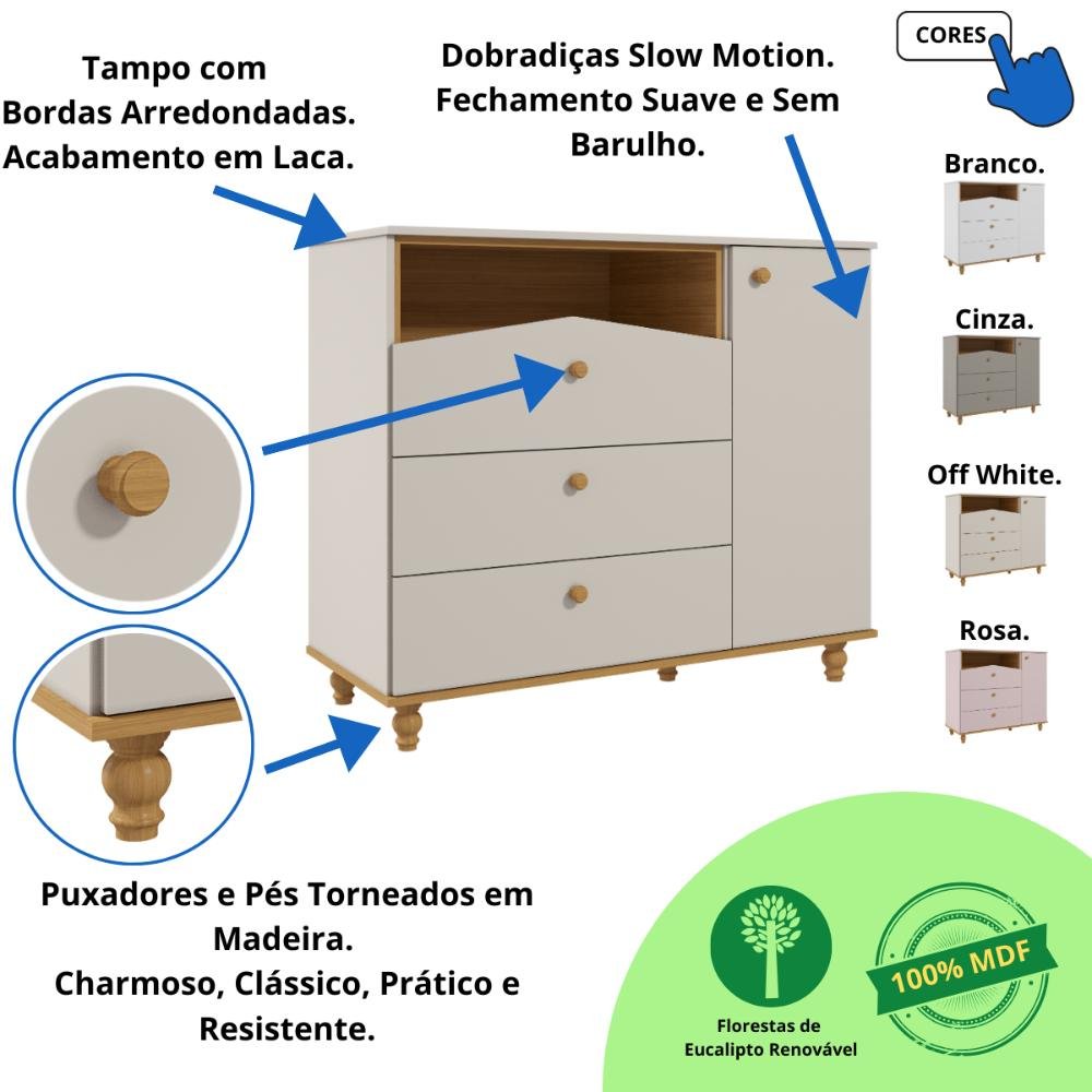 Quarto Bebê Completo Berço Americano 3 em 1 Guarda-roupas 4 Portas Cômoda 1 Porta 100% Mdf - 5