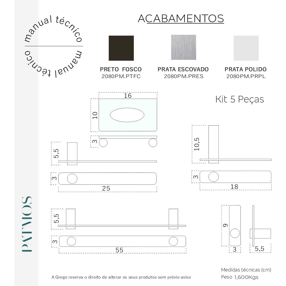 Kit de Acessórios para Banheiro 5 Peças Completo Suporte Grego Metal Escovado Patmos - 4