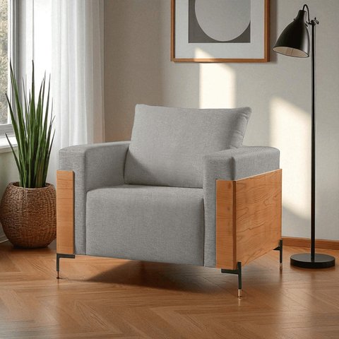 Poltrona para Sala de Estar Metal Madeira Maciça Heitor Luxo Cinza