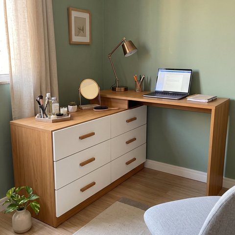 Mesa em L Home Office 6 Gavetas com Cômoda e Corrediças Telescópicas 276x73,5x43,5cm Freijó