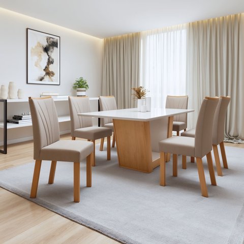Conjunto Sala de Jantar 6 Lugares Retangular Tampo Vidro/MDF Mesa e Cadeiras Apogeu