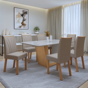 Conjunto Sala de Jantar 6 Lugares Retangular Tampo Vidro/MDF Mesa e Cadeiras Apogeu