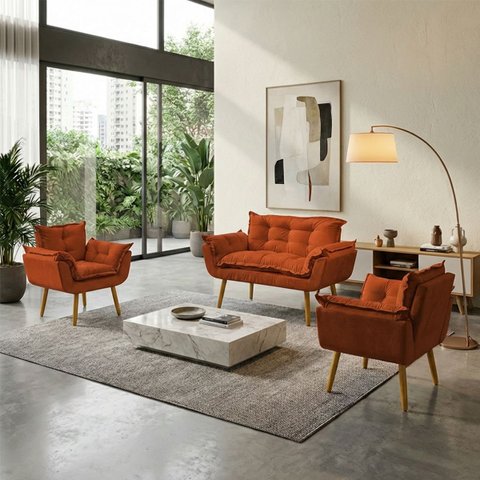 Kit Namoradeira Decorativa e 2 Poltronas Confortável para Sala Recepção Manicure Alice Suede