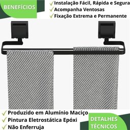 Porta Toalha Suporte Toalheiro com Ventosa Duplo Preto F.max - 6