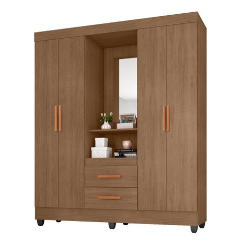 Guarda Roupa Roupeiro Capelinha com Espelho 4 Portas 2 Gavetas Lite Carvalho Oak Móveis Leão