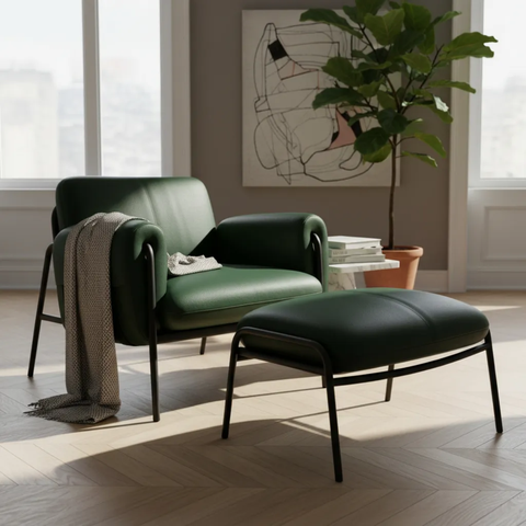 Kit Poltrona Cadeira Decorativa + Puf Serrana Zahav Estofado:Courino Sintético Verde