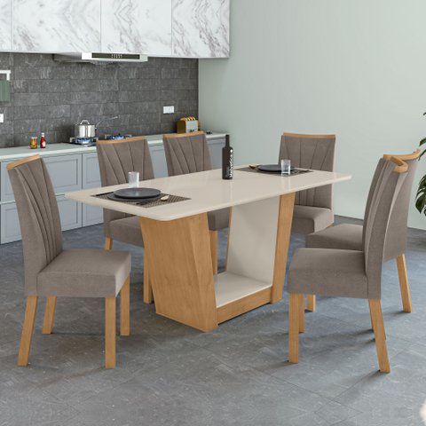 Conjunto Sala de Jantar 6 Lugares Retangular Tampo Vidro/MDF Mesa e Cadeiras Apogeu Amêndoa Clean/Off White/Animale Bege