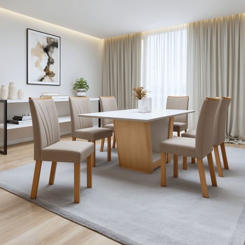 Conjunto Sala de Jantar 6 Lugares Retangular Tampo MDF Mesa e Cadeiras Apogeu