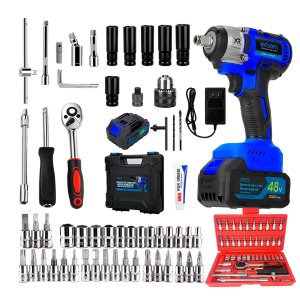 Furadeira de Impacto Parafusadeira 48v + Kit Chave Catraca 46 Peças Profissional Exbom