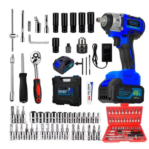 Furadeira de Impacto Parafusadeira 48v + Kit Chave Catraca 46 Peças Profissional Exbom
