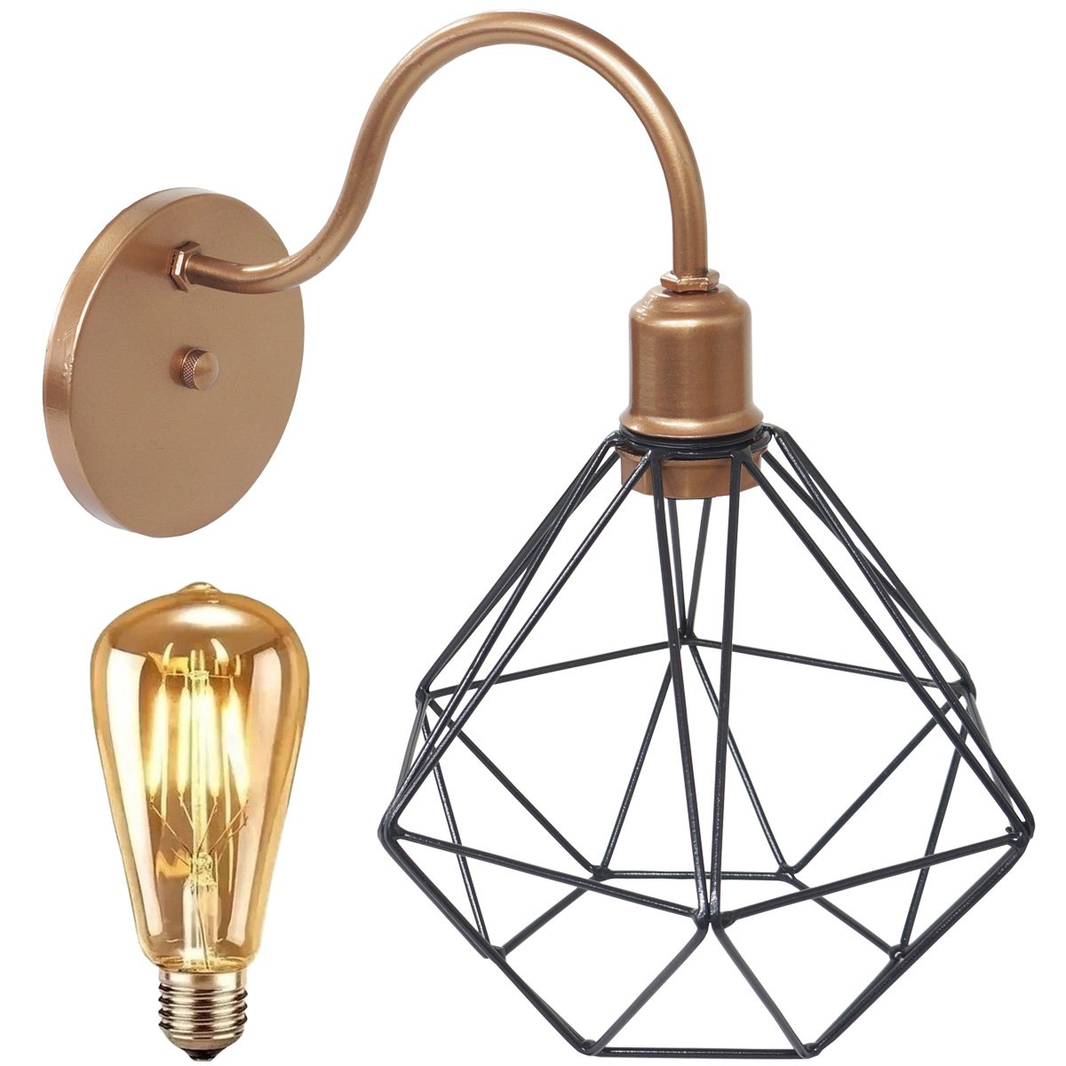 Luminária Arandela Parede Aramada Diamante Industrial Retro + Lâmpada Led Cobre Rose Gold/Preto - 1