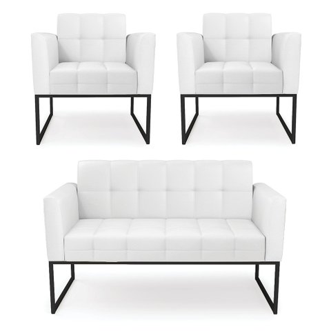 Kit 1 Sofá Namoradeira e 2 Poltronas Elisa Corino Base Metálica Industrial Preto - D'Rossi Branco