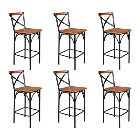 Kit 6 Banquetas Alta Industrial Paris Base Alumínio com Encosto - Castanho