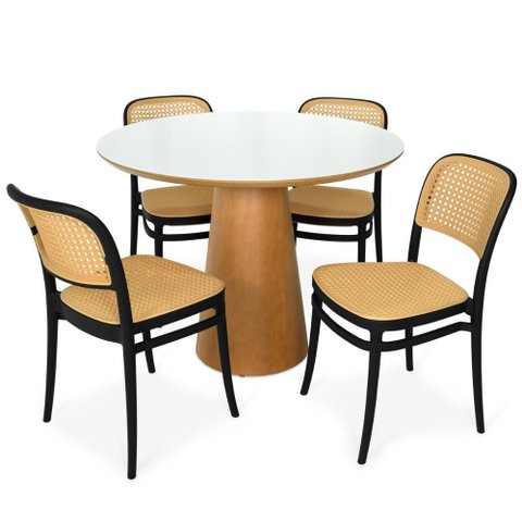 Conjunto Mesa de Jantar Redonda Quiara 100cm Branco com 4 Cadeiras Roma - Preto