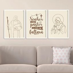 Kit 3 Quadros Jesus - o Senhor É Meu Pastor 33x24cm - com Vidro:moldura Branca - 1