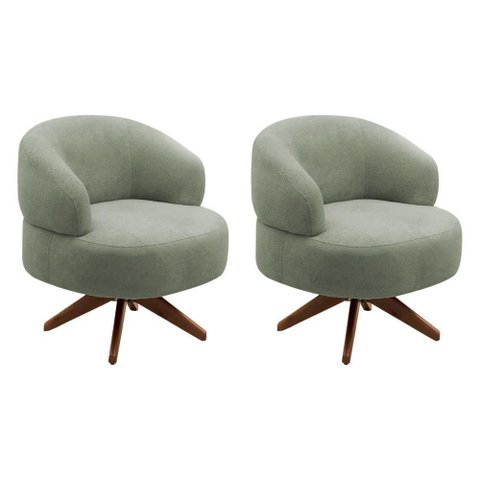 Kit 02 Poltronas Decorativas Orgânicas Living Have Base Giratória Bouclê Verde Oliva - Desk