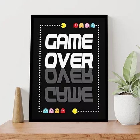 Quadro Gamer Game Over 24x18cm - com vidro:Madeira branca