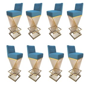 Kit 08 Banquetas Luma Base de Ferro Sued Azul Tiffany - D'classe Decor