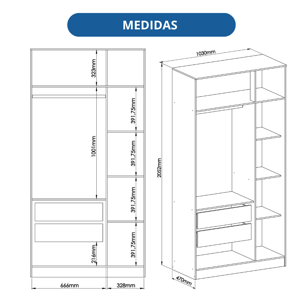 Guarda Roupa 3 Portas 2 Gavetas Wood  - 9