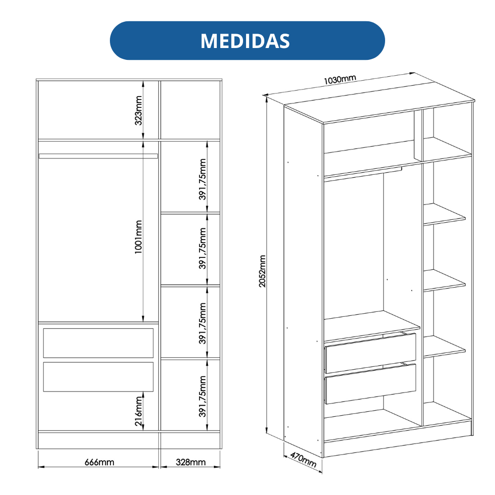 Guarda Roupa 3 Portas 2 Gavetas Wood  - 7