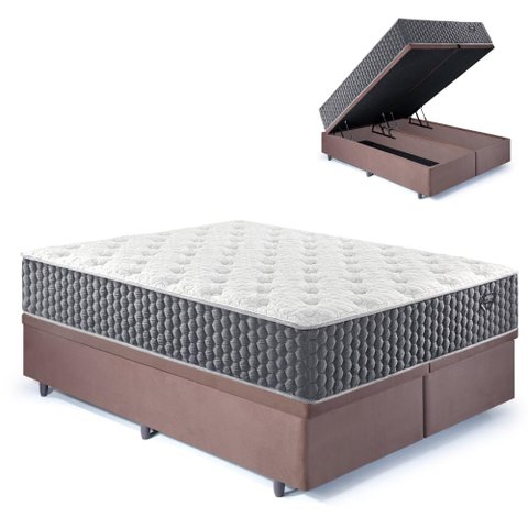 Base Box Baú Queen Bipartido 158x198 Suede com Colchão Relax Fresh Molas Ensacadas