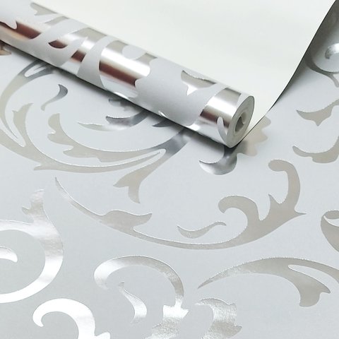 Papel de Parede Arabesco Prata Fio Laminado+ Cola para Aplicação