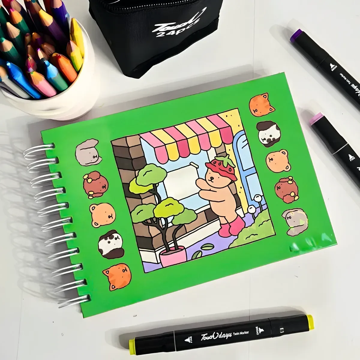 Kit Livro de Colorir Capa Dura + 24 Canetinhas Coloridas - Verde - 3