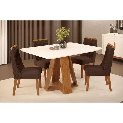 Sala de Jantar Completa Celeste C/ Tampo Madeirado C/ Vidro Curvo 120x90cm e 4 Cadeiras Bia Freijo/